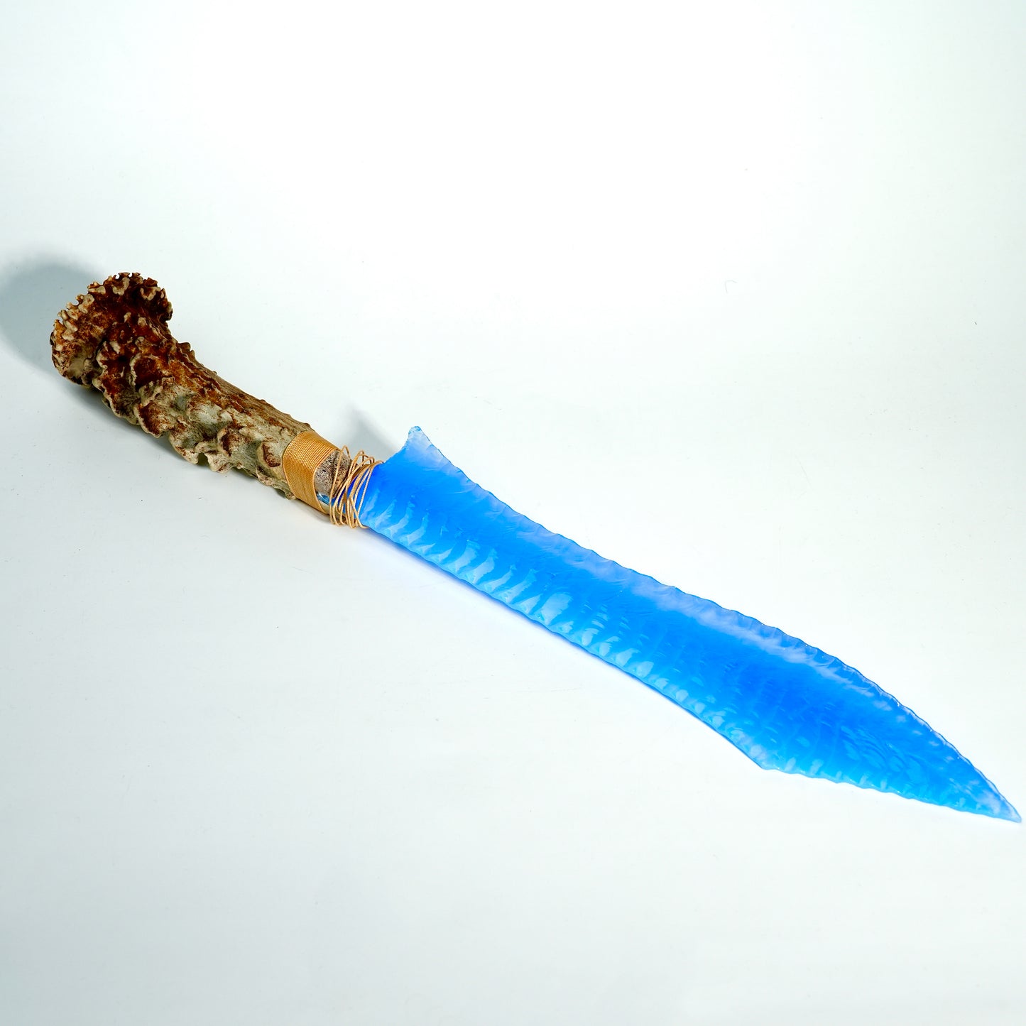 「Ocean Blue」Opal Long Bayonet|Antler Handle|Pressure Flaking-Flint Knapping|Master-Crafted|Natural Materials|Collectible Ancient Design
