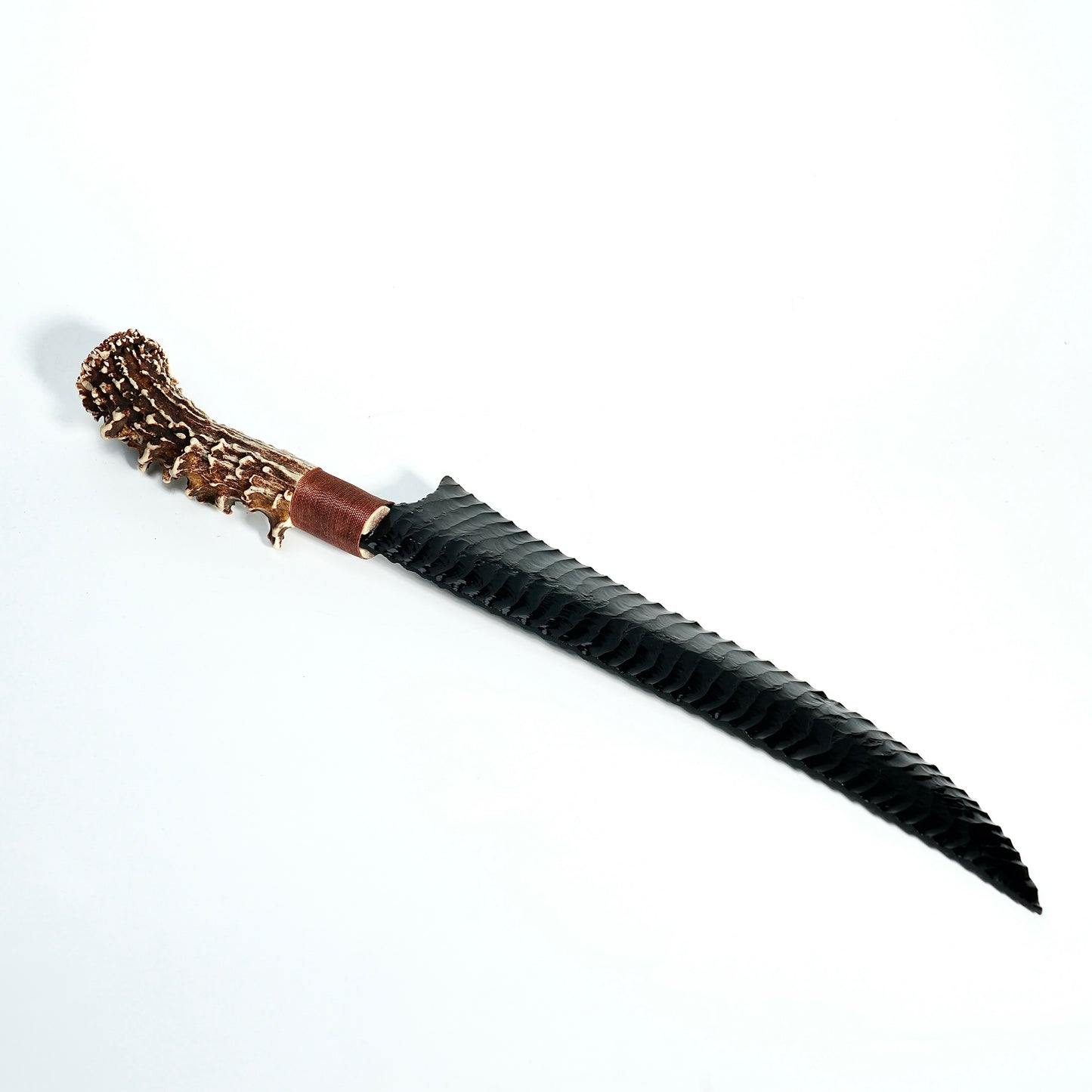 「Discount-Dragonglass」Obsidian Long Hunting Knife|Antler Handle|Pressure Flaking-Flint Knapping|Master-Crafted|Natural Materials|Collectible Ancient Design