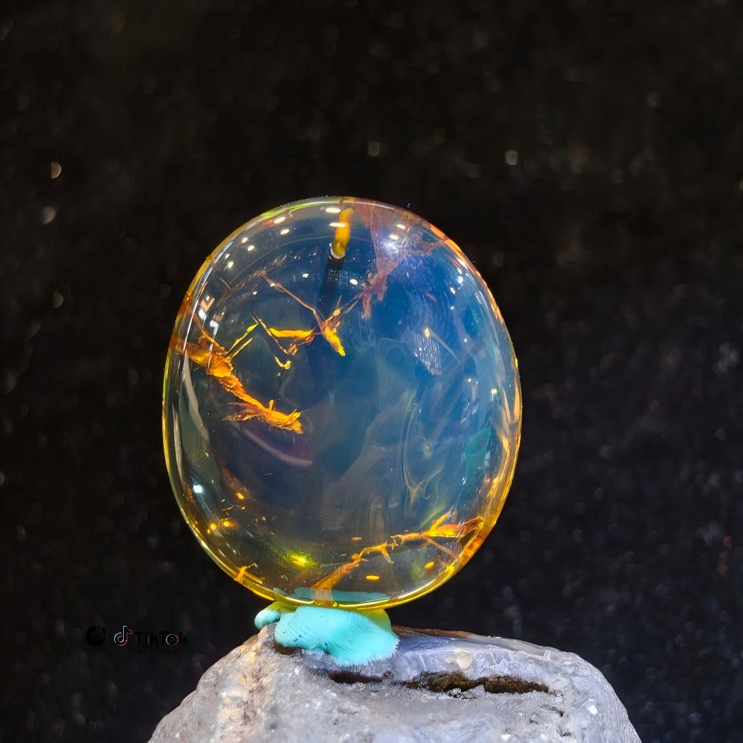 Dominican Sky Blue Landscape Amber with Golden Vein Inclusions | Unique Natural Amber Pendant | Collection No. 02-0010