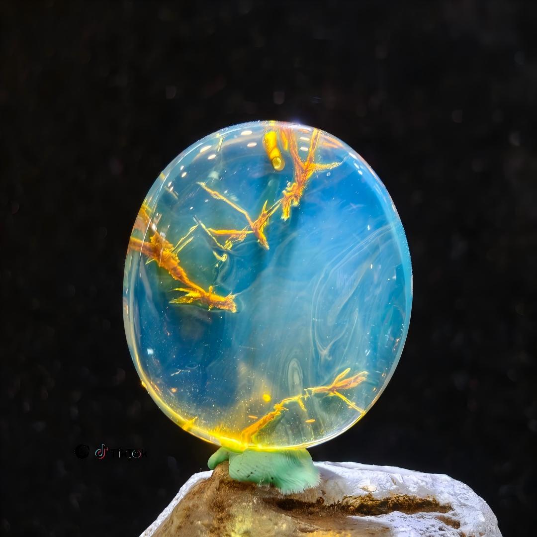 Dominican Sky Blue Landscape Amber with Golden Vein Inclusions | Unique Natural Amber Pendant | Collection No. 02-0010