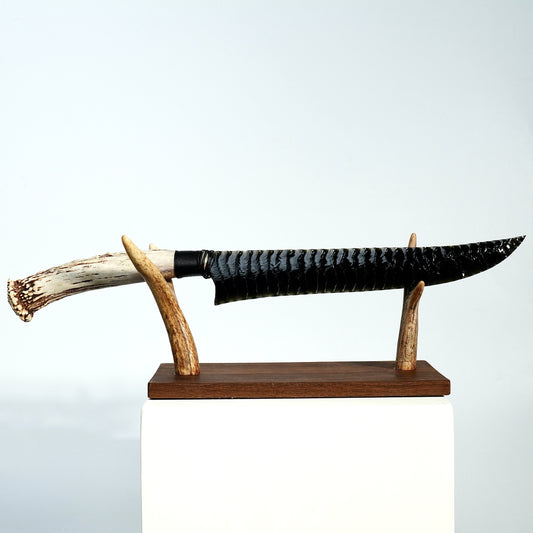「Dragonglass」Obsidian Long Hunting Knife｜Antler Handle｜Pressure Flaking-Flint Knapping｜Master-Crafted｜Natural Materials｜Collectible Ancient Design