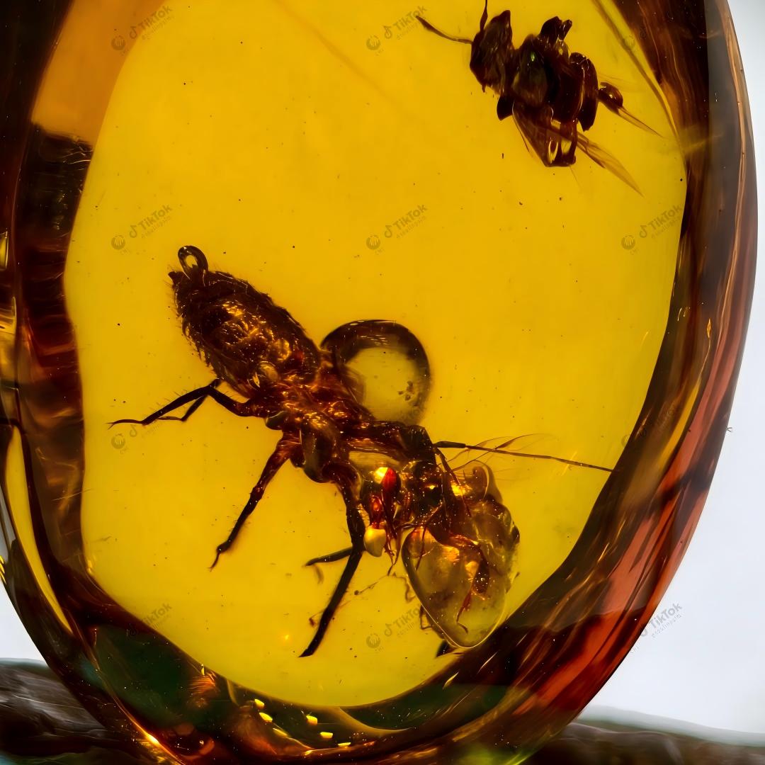 Dominican Dual-Inclusion Amber | True Bug & Ancient Bee Fossil Specimen | Botanical Micro-Detritus | Natural Oval Freeform Amber (23.2×17.5×12.3mm / 2.868g / Collection No. 03-0090)