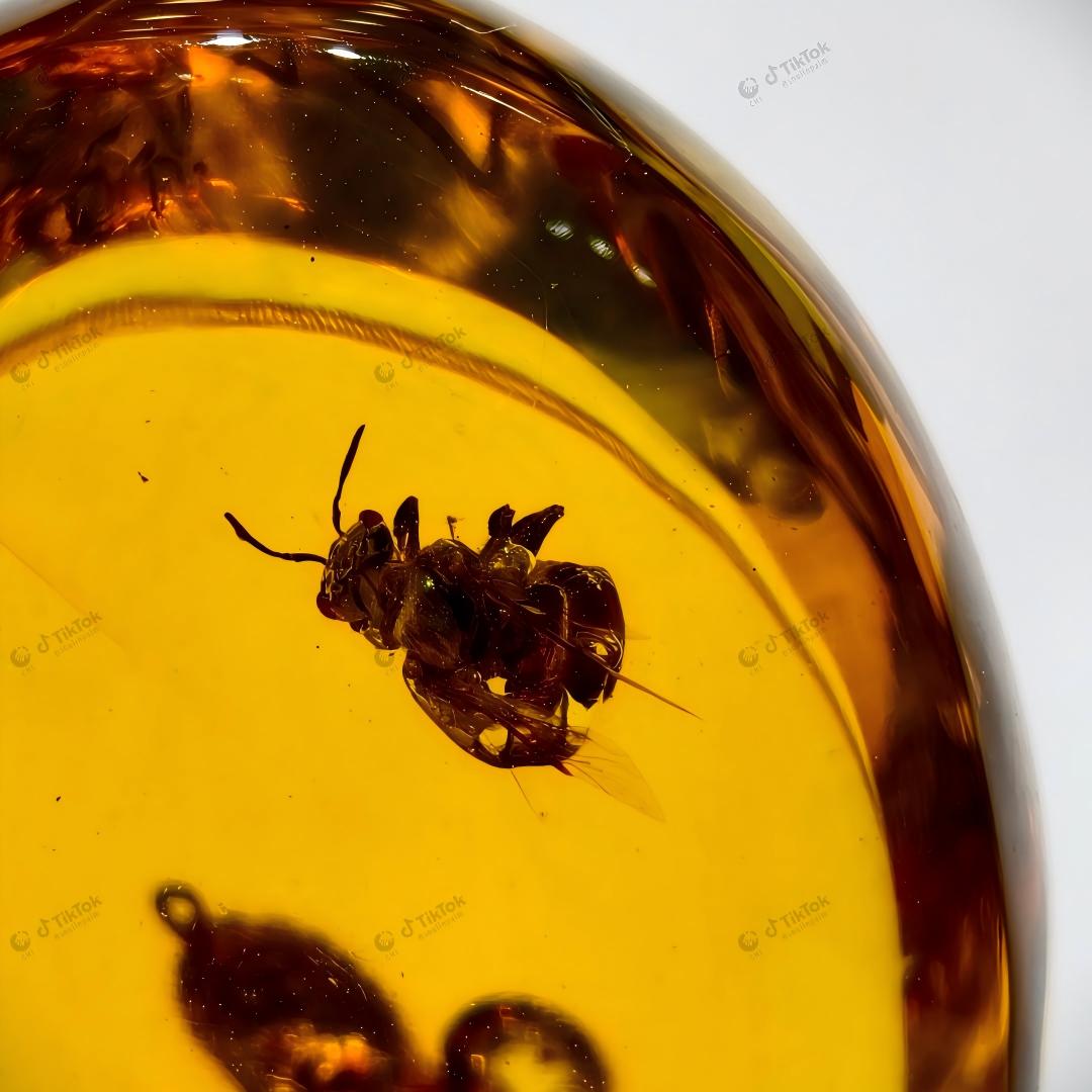 Dominican Dual-Inclusion Amber | True Bug & Ancient Bee Fossil Specimen | Botanical Micro-Detritus | Natural Oval Freeform Amber (23.2×17.5×12.3mm / 2.868g / Collection No. 03-0090)