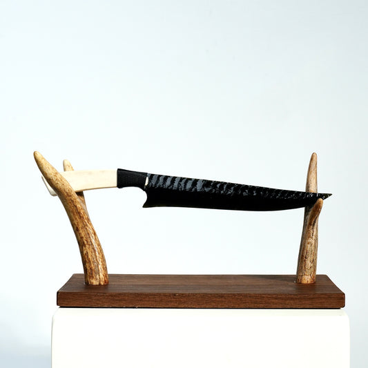 「Dragonglass｜Obsidian Short Hunting Knife｜Antler Handle｜Pressure Flaking-Flint Knapping｜Master-Crafted｜Natural Materials｜Collectible Ancient Design