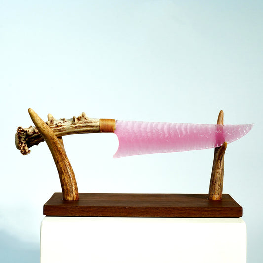 「Blush Pink」Cat's Eye Hunting Knife｜Antler Handle｜Pressure Flaking-Flint Knapping｜Master-Crafted｜Natural Materials｜Collectible Ancient Design