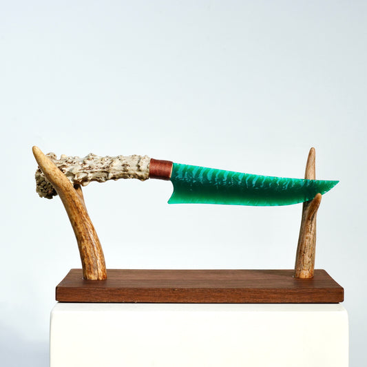 「Emerald City」Cat's Eye Hunting Knife｜Antler Handle｜Pressure Flaking-Flint Knapping｜Master-Crafted｜Natural Materials｜Collectible Ancient Design