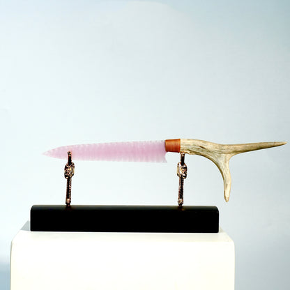 「Blush Pink」Cat's Eye Knife｜Velvet Antler Handle｜Pressure Flaking-Flint Knapping｜Master-Crafted｜Natural Materials｜Collectible Ancient Design