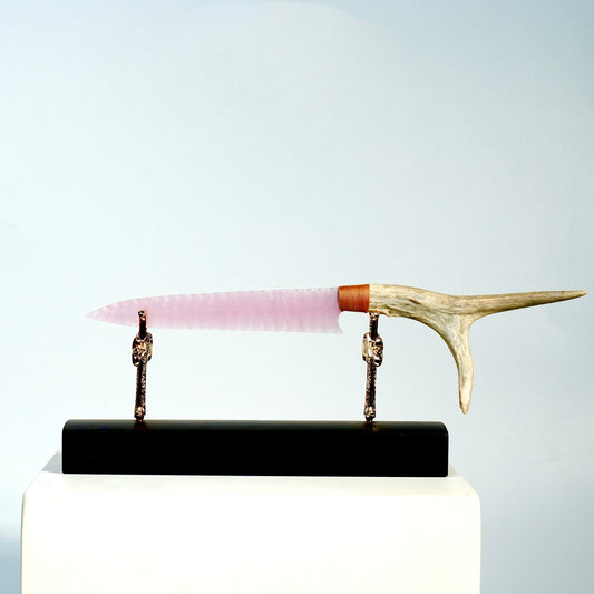 「Blush Pink」Cat's Eye Knife｜Velvet Antler Handle｜Pressure Flaking-Flint Knapping｜Master-Crafted｜Natural Materials｜Collectible Ancient Design