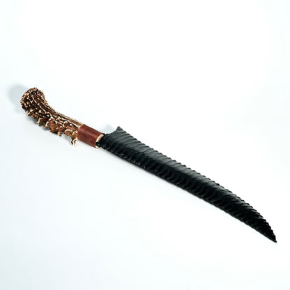 「Discount-Dragonglass」Obsidian Long Hunting Knife｜Antler Handle｜Pressure Flaking-Flint Knapping｜Master-Crafted｜Natural Materials｜Collectible Ancient Design